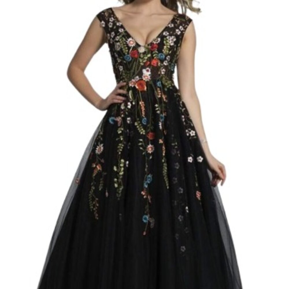 Dave & Johnny Black Tulle Prom Gown with Multicolor Floral Embroidery